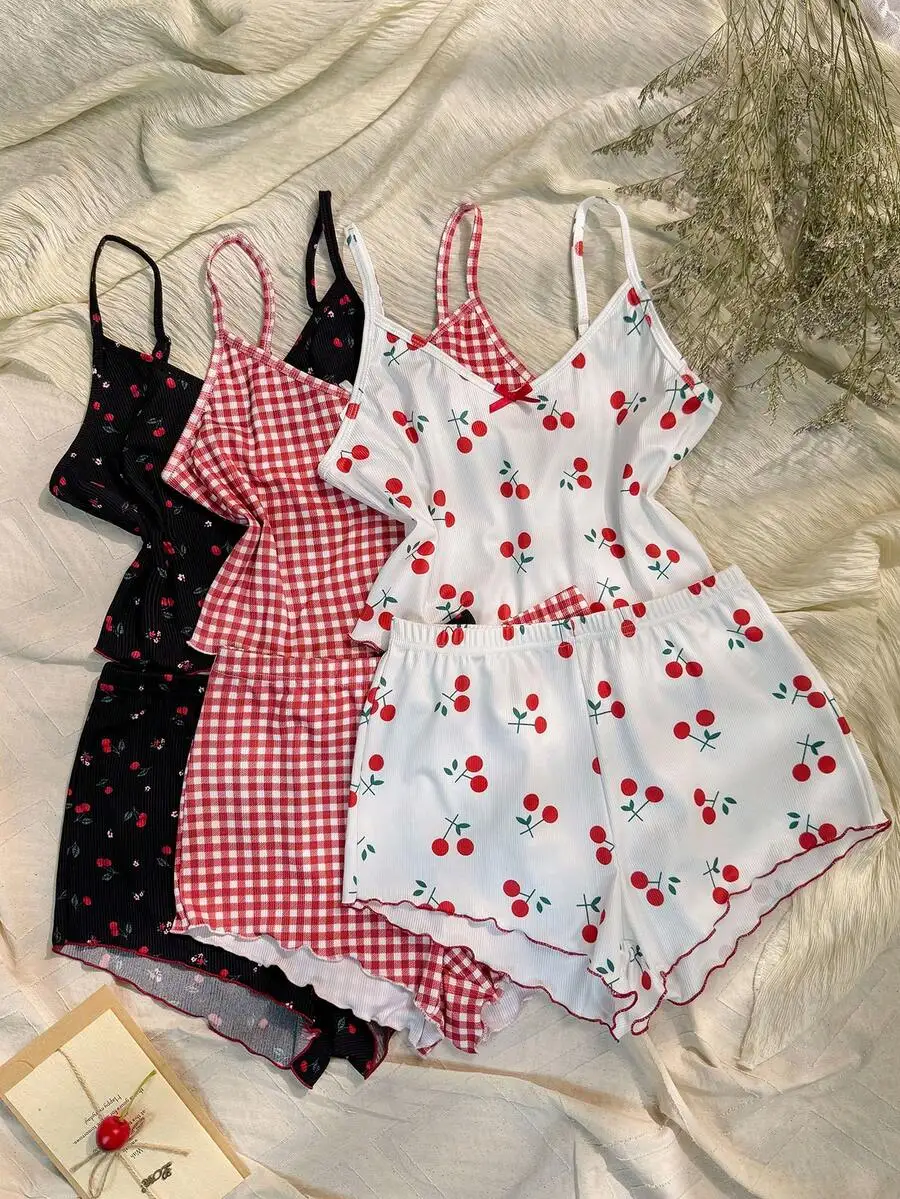 Womens Cherry Print Ruffle Trim Camisole And Shorts Pajama Set
Womens Cherry Print Ruffle Trim Camisole And Shorts Pajama Set