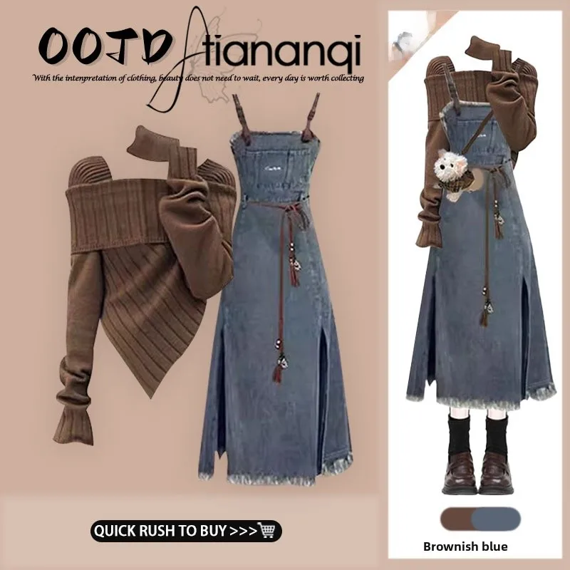 Korean Sle One oulder Knitted Sweater Women's Autumn Winter New mid Length Denim ter Dr Set Long Sve round Ne
Korean Sle One oulder Knitted Sweater Women's Autumn Winter New mid Length Denim ter Dr Set Long Sve round Ne