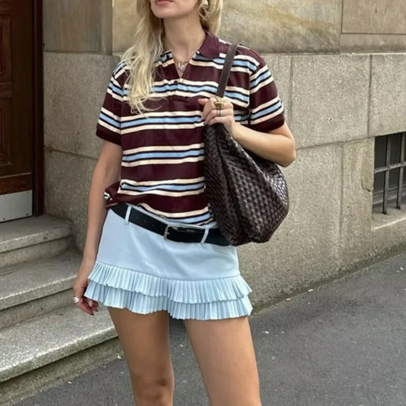 Striped Short Sleeve Long Sleeves Polo Shirts Women Fashion Low Waist Pleated Short Skirt Set Contrast Color Vintage Clothes
Striped Short Sleeve Long Sleeves Polo Shirts Women Fashion Low Waist Pleated Short Skirt Set Contrast Color Vintage Clothes