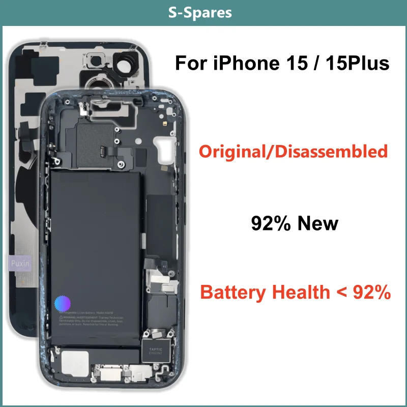 92% New, Original Disassembled Middle Frame Housing Back Cover Glass For iPhone 15 15Plus, with Battery NFC Wireless Assembly
92% New, Original Disassembled Middle Frame Housing Back Cover Glass For iPhone 15 15Plus, with Battery NFC Wireless Assembly