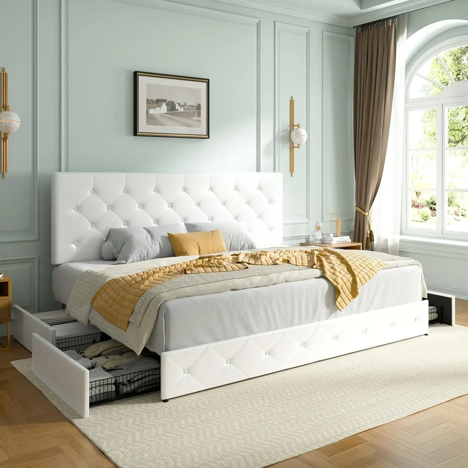 Platform Storage Bed Frame with 4 Drawers, Adjustable Headboard, Faux Leather Diamond Button, Tufted Design
Platform Storage Bed Frame with 4 Drawers, Adjustable Headboard, Faux Leather Diamond Button, Tufted Design
