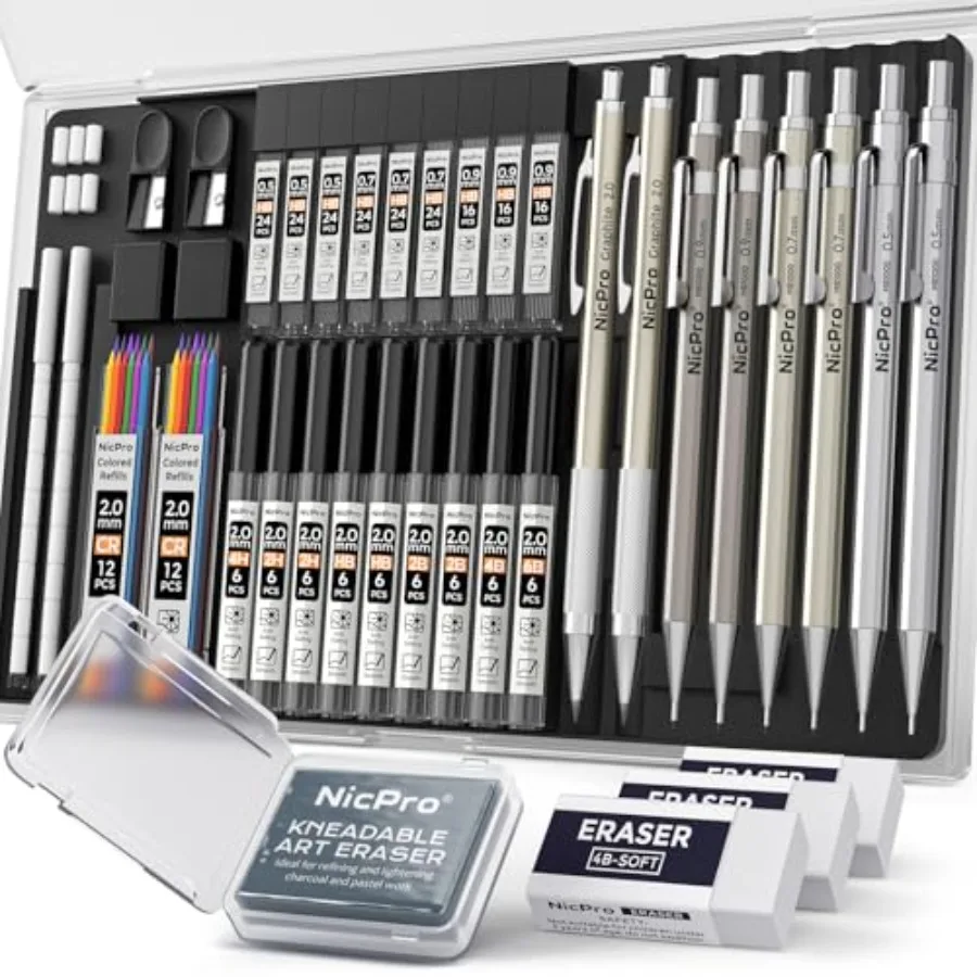 37PCS Art Mechanical Pencil Set, Metal Drafting Pencils 0.5 mm, 0.7 mm, 0.9 mm and 2mm Lead Pencil Holder 6B 4B 2B HB 2H 4H Col
37PCS Art Mechanical Pencil Set, Metal Drafting Pencils 0.5 mm, 0.7 mm, 0.9 mm and 2mm Lead Pencil Holder 6B 4B 2B HB 2H 4H Col