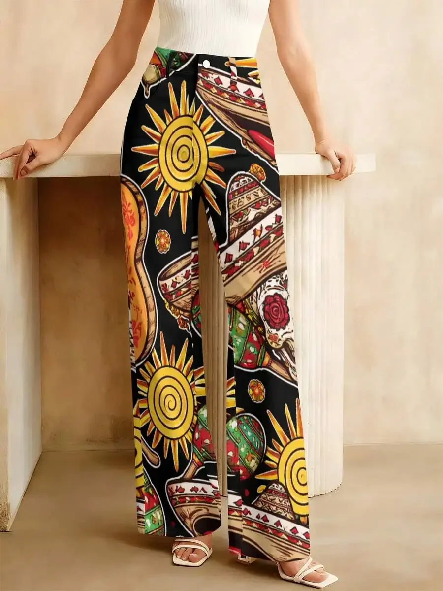 Womens High-Waisted Wide-Leg Denim Trousers Featuring Vibrant Sun, Floral, And Traditional Motifs For Casual Festival Wear
Womens High-Waisted Wide-Leg Denim Trousers Featuring Vibrant Sun, Floral, And Traditional Motifs For Casual Festival Wear