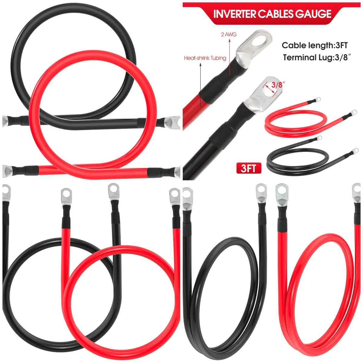 2 AWG Battery Cable Set with 3/8' Lugs, Pure Copper Inverter Wire for Solar, Marine, RV, Car, Motorcycle (2pcs, 3FT)
2 AWG Battery Cable Set with 3/8' Lugs, Pure Copper Inverter Wire for Solar, Marine, RV, Car, Motorcycle (2pcs, 3FT)