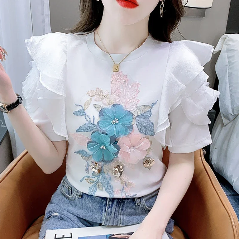 Fashion Sweet T Shirts Puff Sleeve Ruffles Flower Patchwork Embroidery Summer Tops Tees All Match Design 2024 Women's Clothing
Fashion Sweet T Shirts Puff Sleeve Ruffles Flower Patchwork Embroidery Summer Tops Tees All Match Design 2024 Women's Clothing