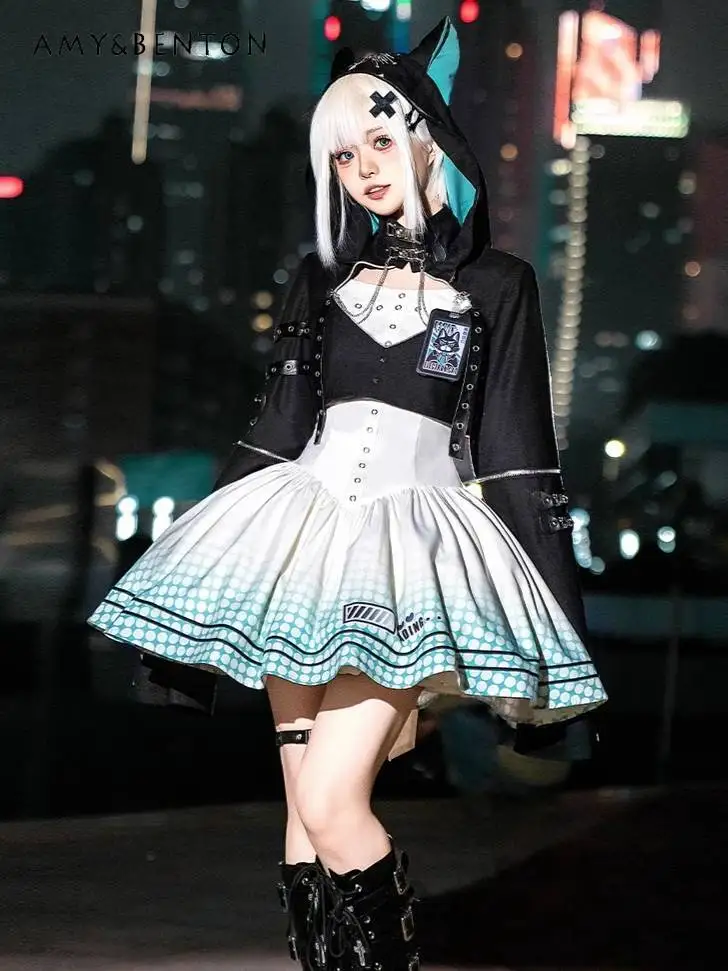 Lolita Cat Ears Hooded Jacket Punk Style Dress Sets Polka Dot Print Suspender Dress Subcultural Chain Short Jacket Two-piece Set
Lolita Cat Ears Hooded Jacket Punk Style Dress Sets Polka Dot Print Suspender Dress Subcultural Chain Short Jacket Two-piece Set