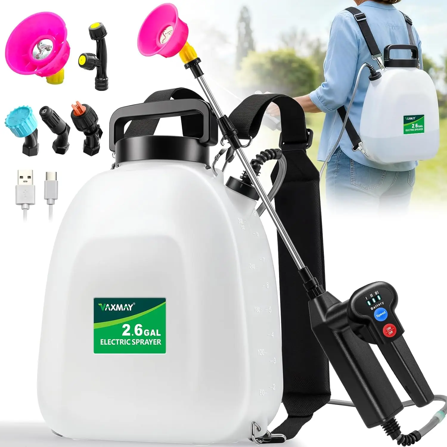 Powered Sprayer 2.6 Gallon, Backpack Sprayer with 3 Adjustable Forces, Battery Indicator, 5 Mist Nozzles, 41" Ret
Powered Sprayer 2.6 Gallon, Backpack Sprayer with 3 Adjustable Forces, Battery Indicator, 5 Mist Nozzles, 41" Ret