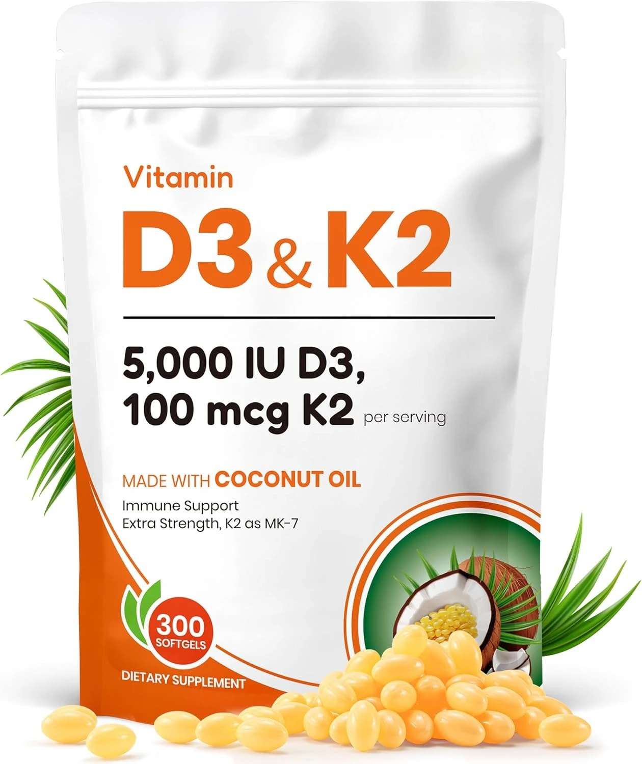 Vitamin D3 K2, 5000 IU D3 100mcg K2 (MK 7), 300 Softgels, 2-in-1 Vitamin D & K Supplement with Coconut Oil, Supports Calcium Abs
Vitamin D3 K2, 5000 IU D3 100mcg K2 (MK 7), 300 Softgels, 2-in-1 Vitamin D & K Supplement with Coconut Oil, Supports Calcium Abs