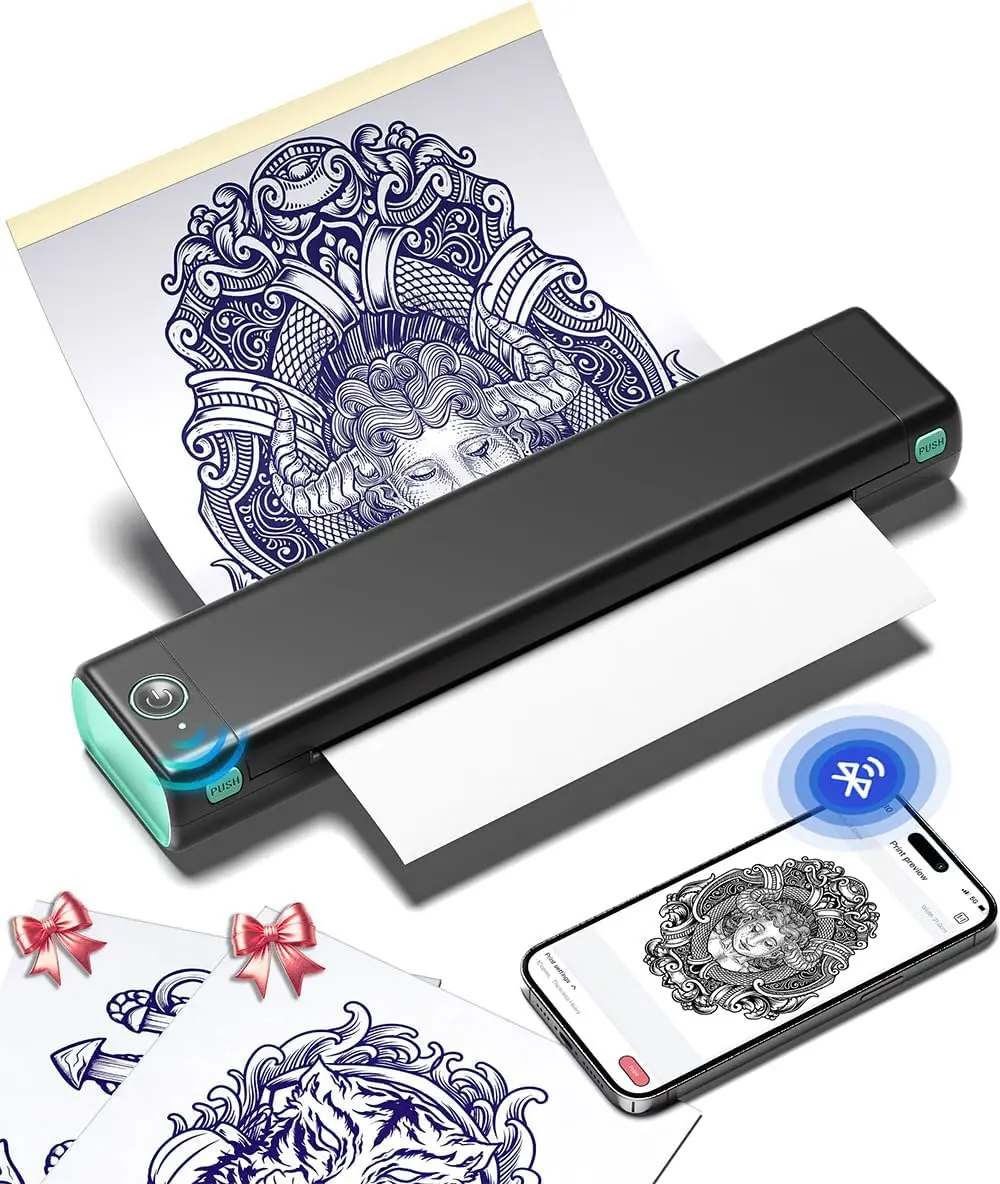 Wireless Thermal Tattoo Stencil Printer, Bluetooth Transfer Machine with 10pcs Transfer Paper, Compatible with Phone/Tablet/PC, for Tattoo Artists & Beginners
Wireless Thermal Tattoo Stencil Printer, Bluetooth Transfer Machine with 10pcs Transfer Paper, Compatible with Phone/Tablet/PC, for Tattoo Artists & Beginners