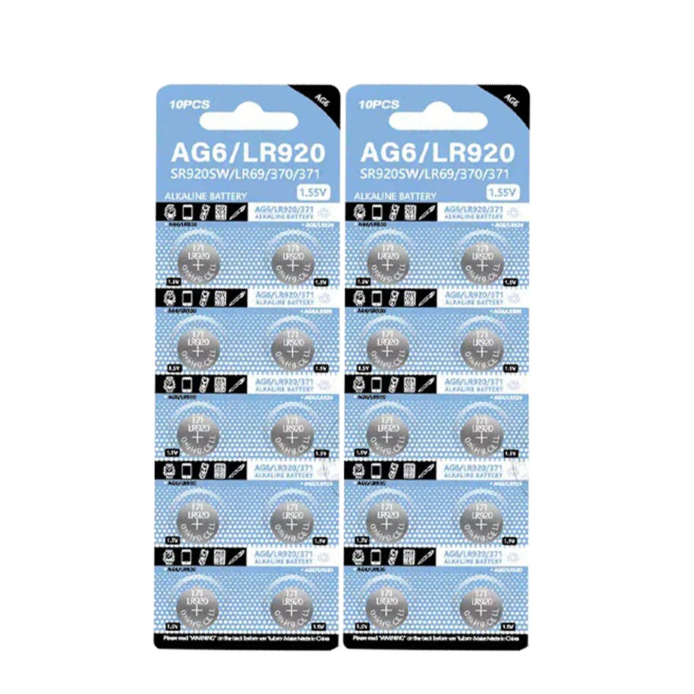 1000pcs Alkaline Battery AG6 1.55V Button Coin Cell 371 SR920SW LR920 SR927 171 370 L921 LR69 SR920 Watch Batteries 270B
1000pcs Alkaline Battery AG6 1.55V Button Coin Cell 371 SR920SW LR920 SR927 171 370 L921 LR69 SR920 Watch Batteries 270B
