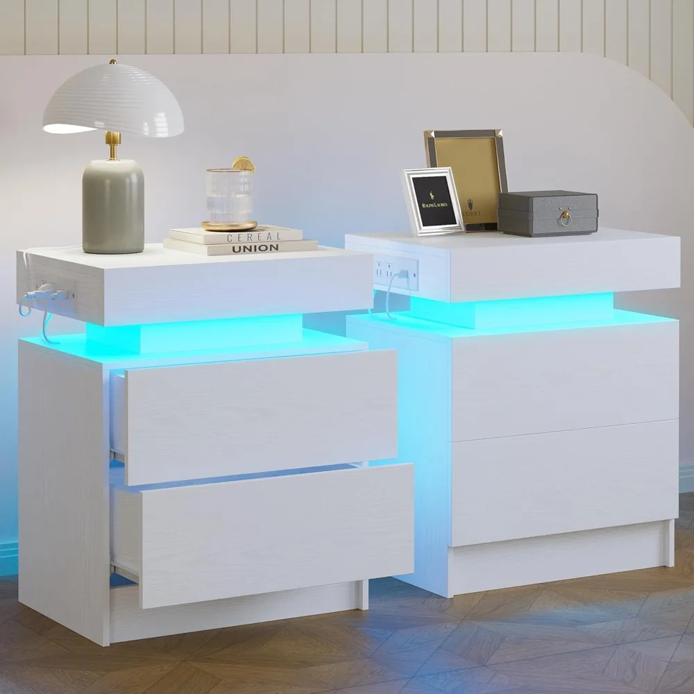 Night Stand Set of 2, Modern White Nightstand with with Charging Station, Bedside Tables with LED Light and Drawers, End Table
Night Stand Set of 2, Modern White Nightstand with with Charging Station, Bedside Tables with LED Light and Drawers, End Table