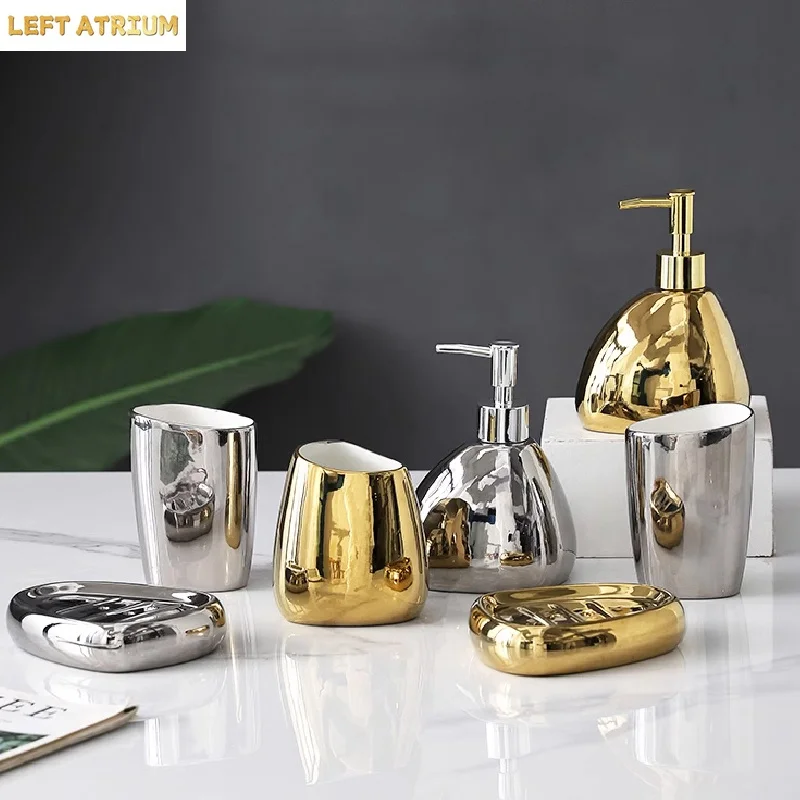 Toiletry Set Gold-plated Silver Ceramic Lotion Bottle Toothbrushing Mouthwash Cups Soap Dish Decorate Bathroom Accessories
Toiletry Set Gold-plated Silver Ceramic Lotion Bottle Toothbrushing Mouthwash Cups Soap Dish Decorate Bathroom Accessories