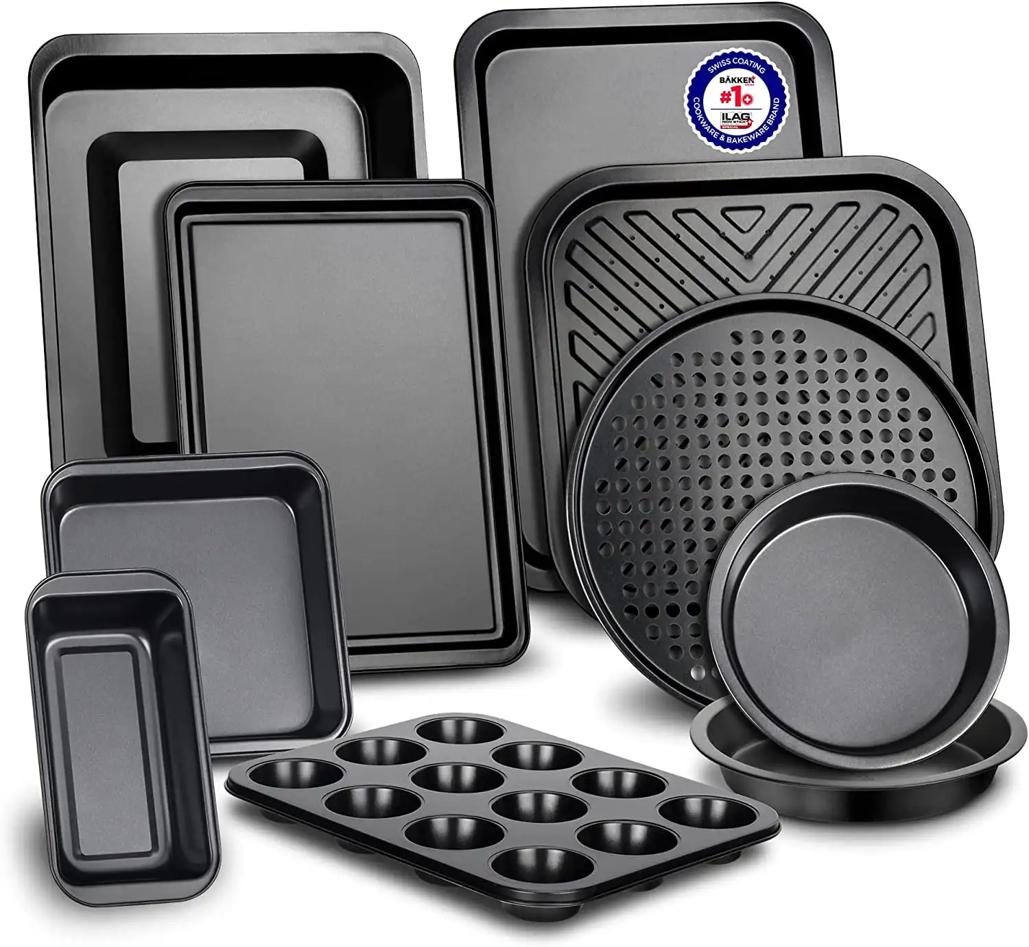 Baking Set – 10 Piece – Deluxe Non Stick Black Coating Inside and Outside – Carbon Steel Bakeware Set –by Bakken
Baking Set – 10 Piece – Deluxe Non Stick Black Coating Inside and Outside – Carbon Steel Bakeware Set –by Bakken