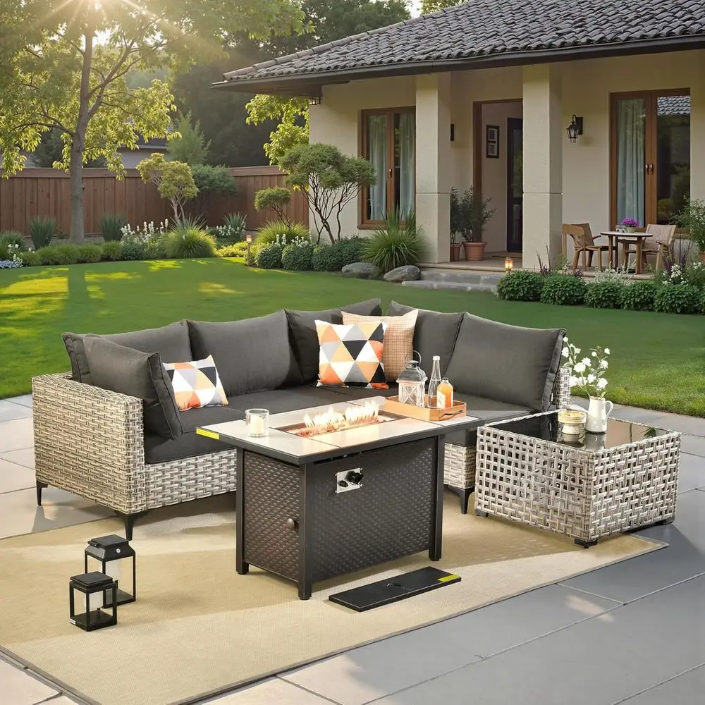 6 Pcs Patio urniture with ire Pit Table, Outdoor Rattan Wicker Contion Set with Glowing Coee Table, Comy Sectional Soa or Porch
6 Pcs Patio urniture with ire Pit Table, Outdoor Rattan Wicker Contion Set with Glowing Coee Table, Comy Sectional Soa or Porch