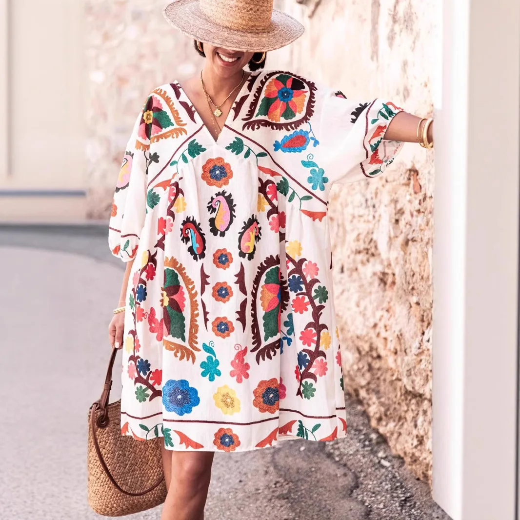 Color Print Loose Mini Dresses Women Spring Summer Fashion Casual V-neck Half Sleeve A-line Short Dress Trendy All-match 2025
Color Print Loose Mini Dresses Women Spring Summer Fashion Casual V-neck Half Sleeve A-line Short Dress Trendy All-match 2025