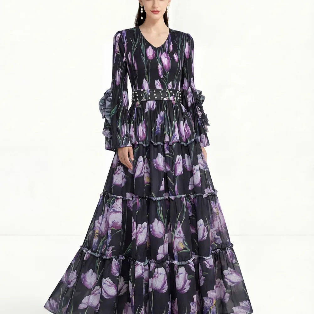 Elegant Long Sleeve Women's Dress Gathered Waist Pleated Skirt V Neck a Line Silhouette Floral Print Lightweight Polyester
Elegant Long Sleeve Women's Dress Gathered Waist Pleated Skirt V Neck a Line Silhouette Floral Print Lightweight Polyester