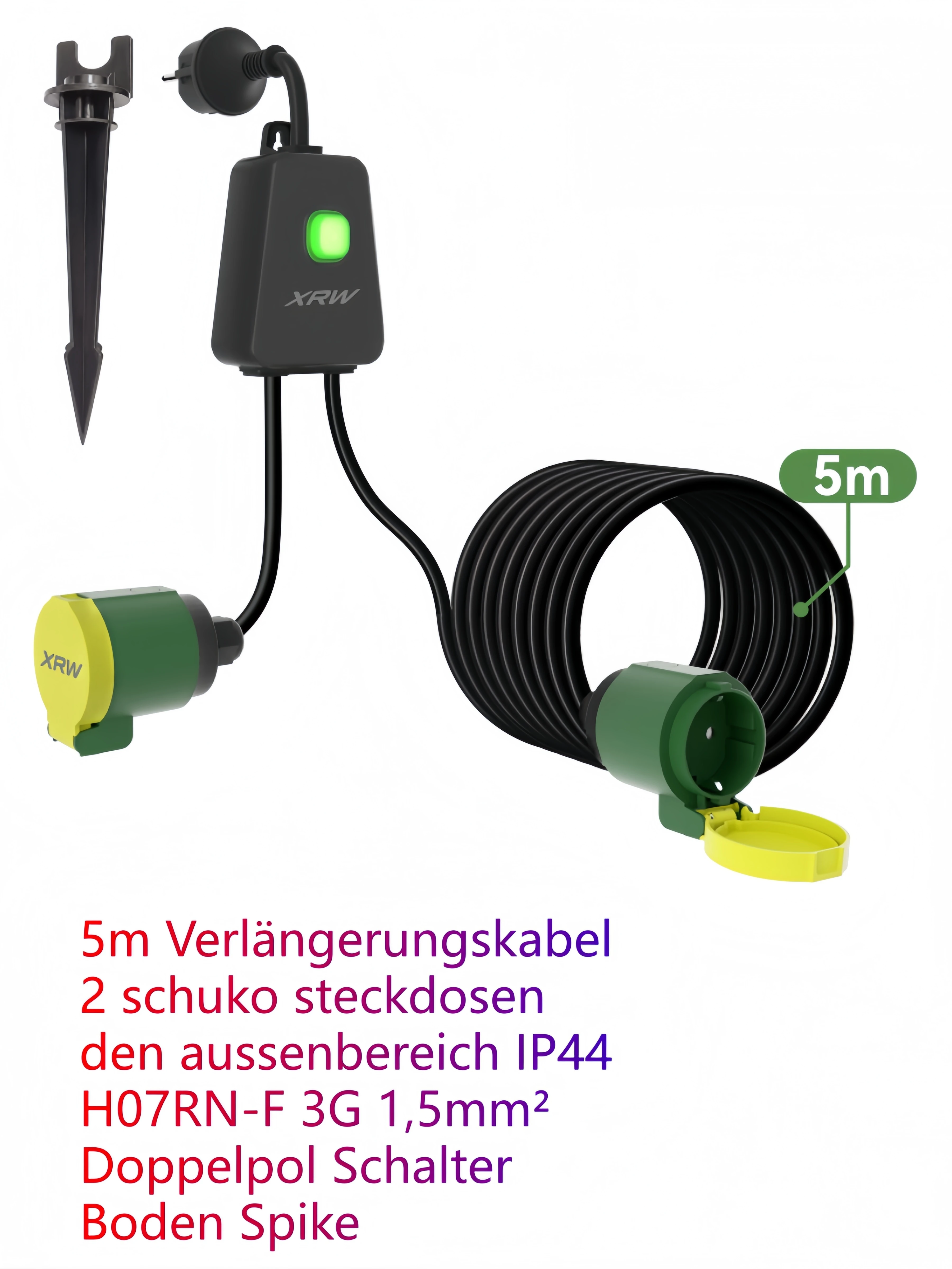 Simatoper 5m extension cable with 2 Schuko sockets for outdoor use IP44 H07RN-F 3G 1.5mm² double-pole switch with ground spike
Simatoper 5m extension cable with 2 Schuko sockets for outdoor use IP44 H07RN-F 3G 1.5mm² double-pole switch with ground spike
