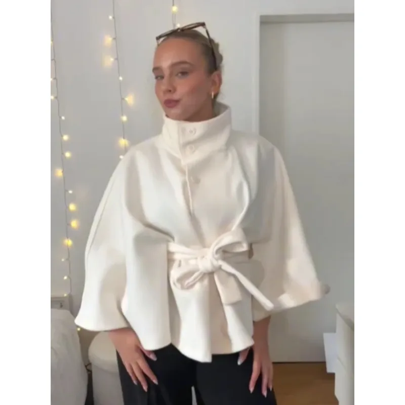 Women White Waistband Tied Wool Jacket Elegant Long Sleeved Stand Collar Single Breasted Outerwear New Street Outdoor Coat
Women White Waistband Tied Wool Jacket Elegant Long Sleeved Stand Collar Single Breasted Outerwear New Street Outdoor Coat