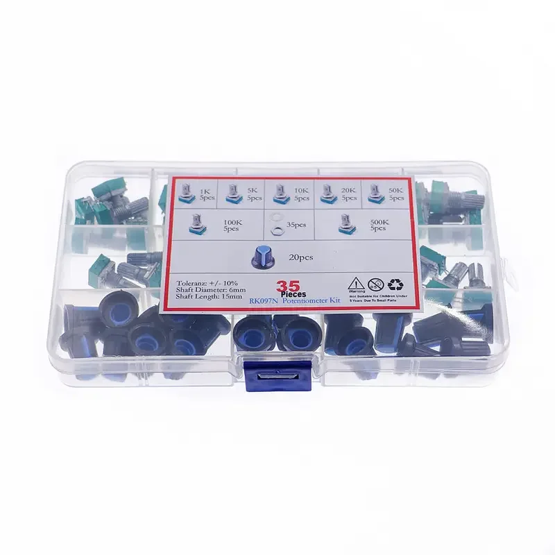 35pcs/Box audio 3pin shaft 15mm amplifier sealing potentiometer Assorted kit 1K/5K/10K/50K/100K/500K with knob
35pcs/Box audio 3pin shaft 15mm amplifier sealing potentiometer Assorted kit 1K/5K/10K/50K/100K/500K with knob