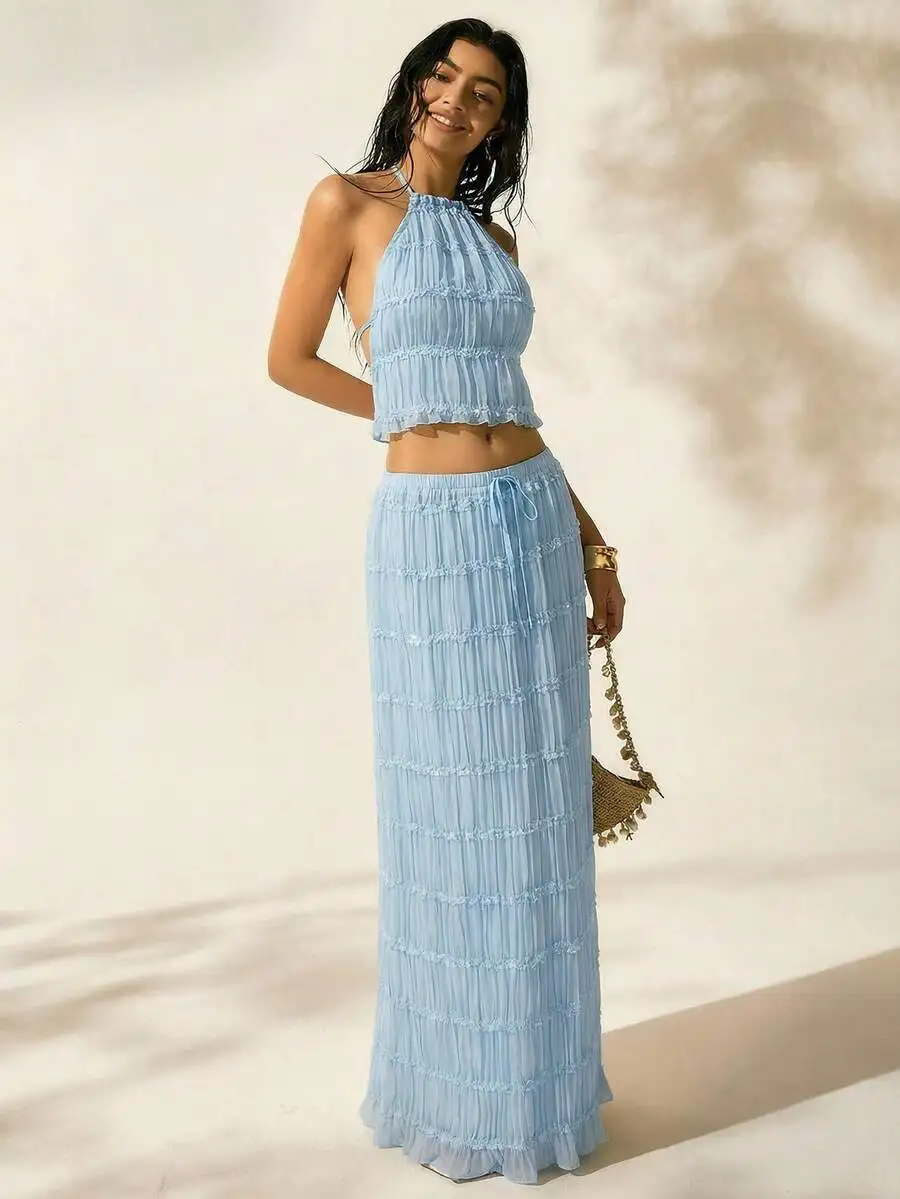 Womens Halter Backless Two Piece Set Blue Chiffon Beach Summer Vacation Outfit
Womens Halter Backless Two Piece Set Blue Chiffon Beach Summer Vacation Outfit