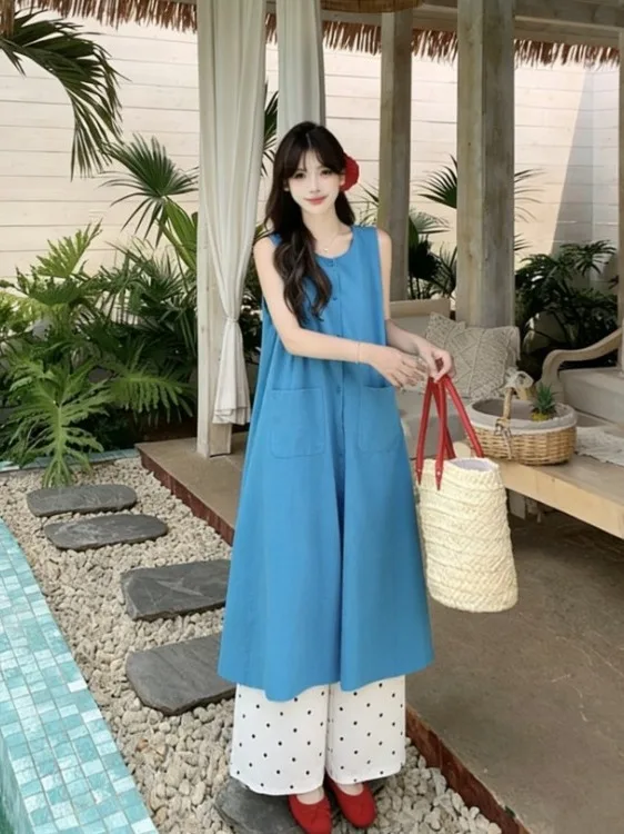 plus Size Women's Casual Blue Split Vest Dress Summer New Polka Dot Wide Leg Pants Set High Waist Loose Fit Korean Style
plus Size Women's Casual Blue Split Vest Dress Summer New Polka Dot Wide Leg Pants Set High Waist Loose Fit Korean Style