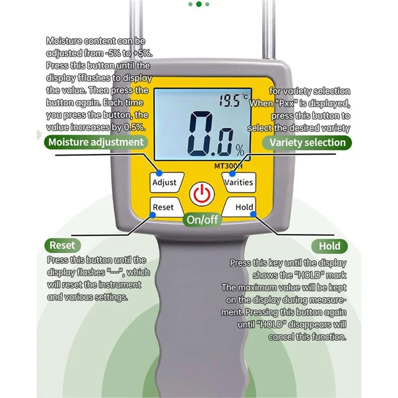 ABZV-Hay Moisture Tester With Probe & Backlight LCD Display For Hay, Froage Grass, Alfalfa And Other Hays Moisture Testing
ABZV-Hay Moisture Tester With Probe & Backlight LCD Display For Hay, Froage Grass, Alfalfa And Other Hays Moisture Testing