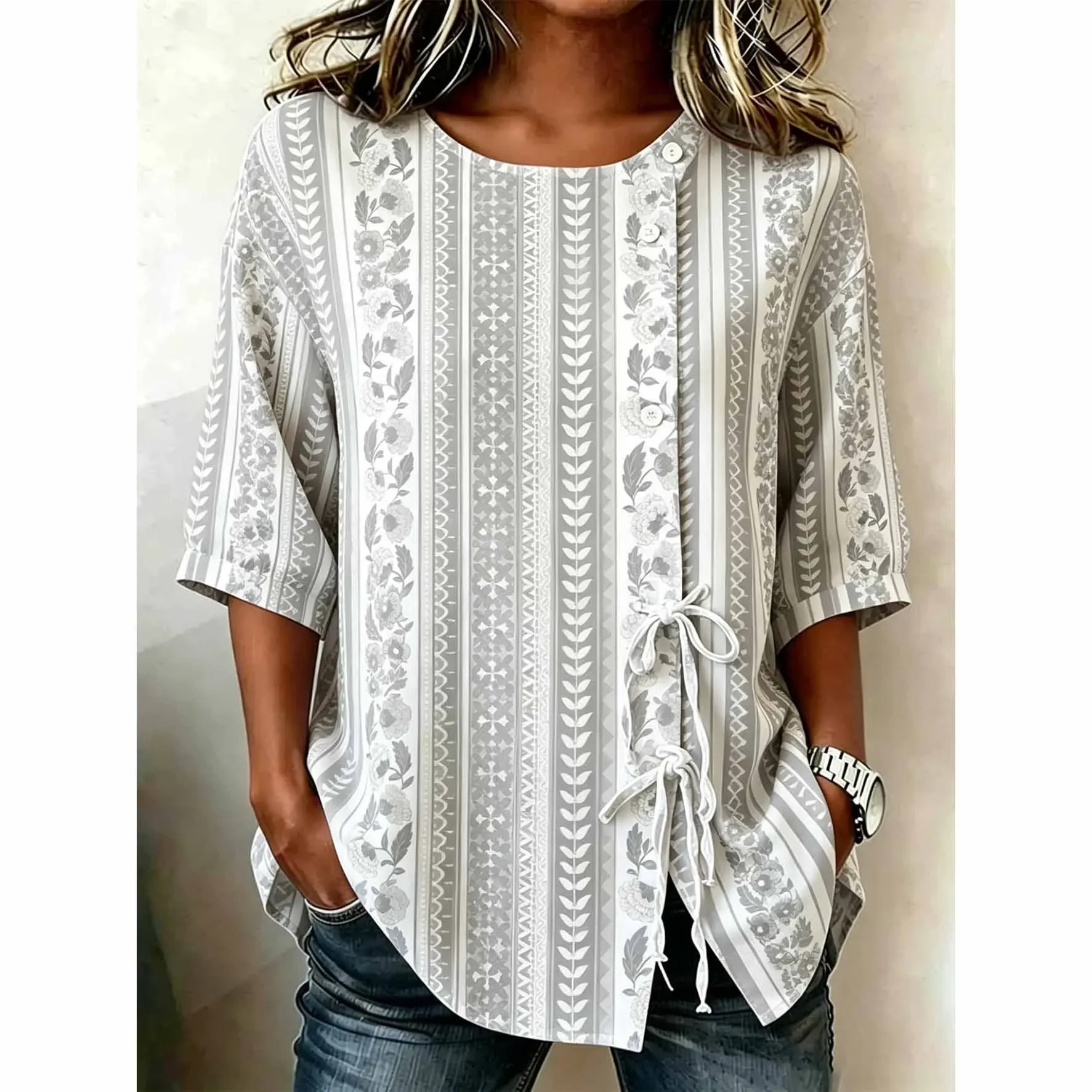 Vintage Stripe Floral Print Button Down Blouse Side Tie Half Sleeve Casual Loose Summer Top
Vintage Stripe Floral Print Button Down Blouse Side Tie Half Sleeve Casual Loose Summer Top