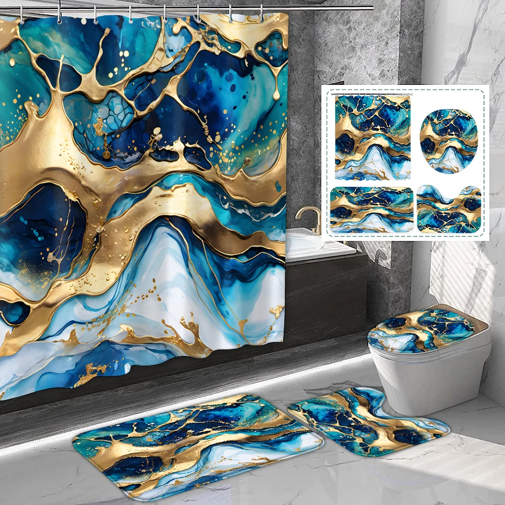 1 комплект занавесок для душа с принтом и крючками, коврик для туалета и ванной комнаты, принадлежности для ванной комнаты, синий и золотой
1 комплект занавесок для душа с принтом и крючками, коврик для туалета и ванной комнаты, принадлежности для ванной комнаты, синий и золотой
