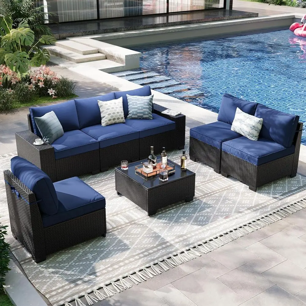 7-Piece All-Weather Rattan Patio Furniture Set with Cushions for Balcony, Deck, or Garden
7-Piece All-Weather Rattan Patio Furniture Set with Cushions for Balcony, Deck, or Garden