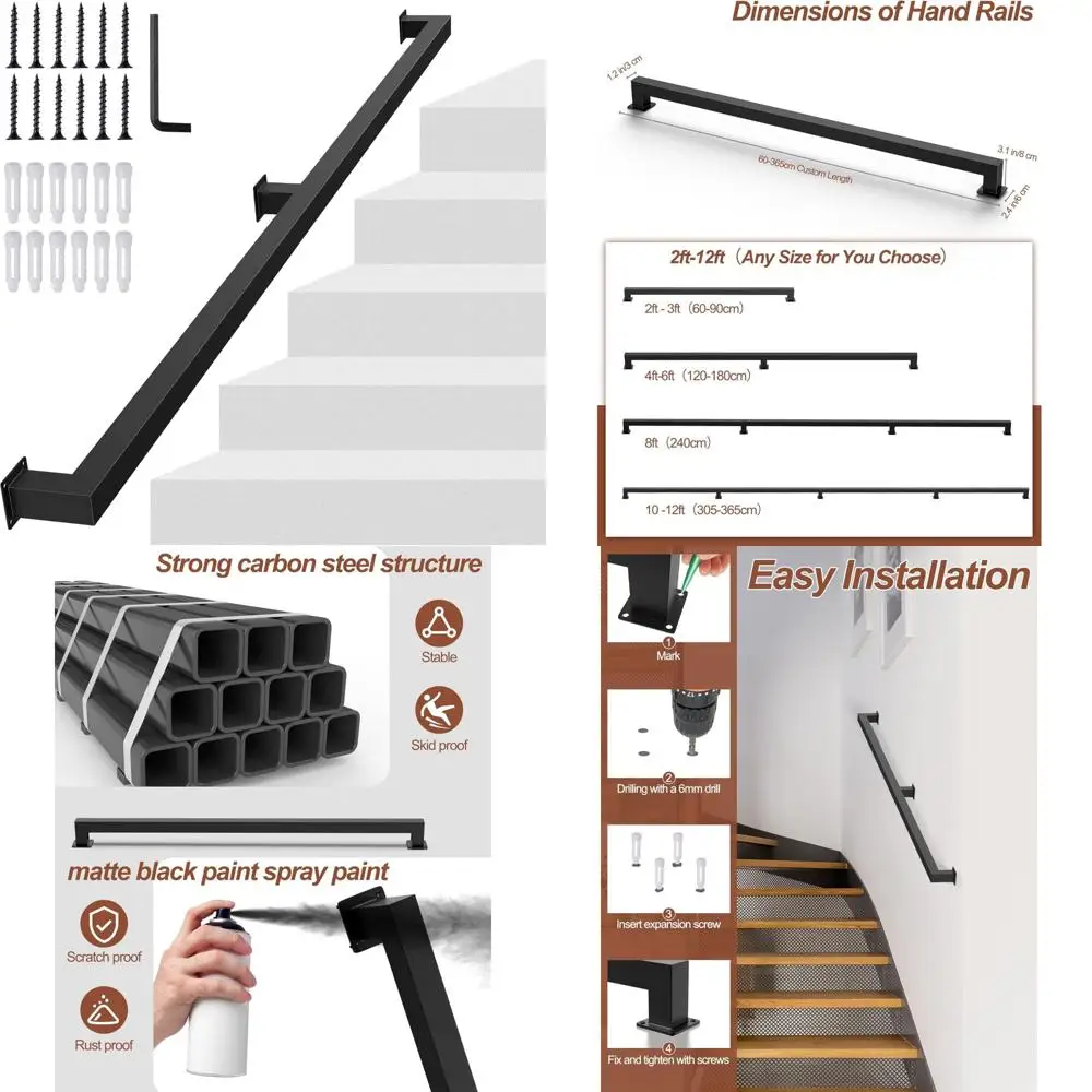 Industrial Metal Stair Handrail, Matte Black, Indoor Use, 500lbs Load Capacity, Wall Mounted, 5FT Square Tube Design
Industrial Metal Stair Handrail, Matte Black, Indoor Use, 500lbs Load Capacity, Wall Mounted, 5FT Square Tube Design