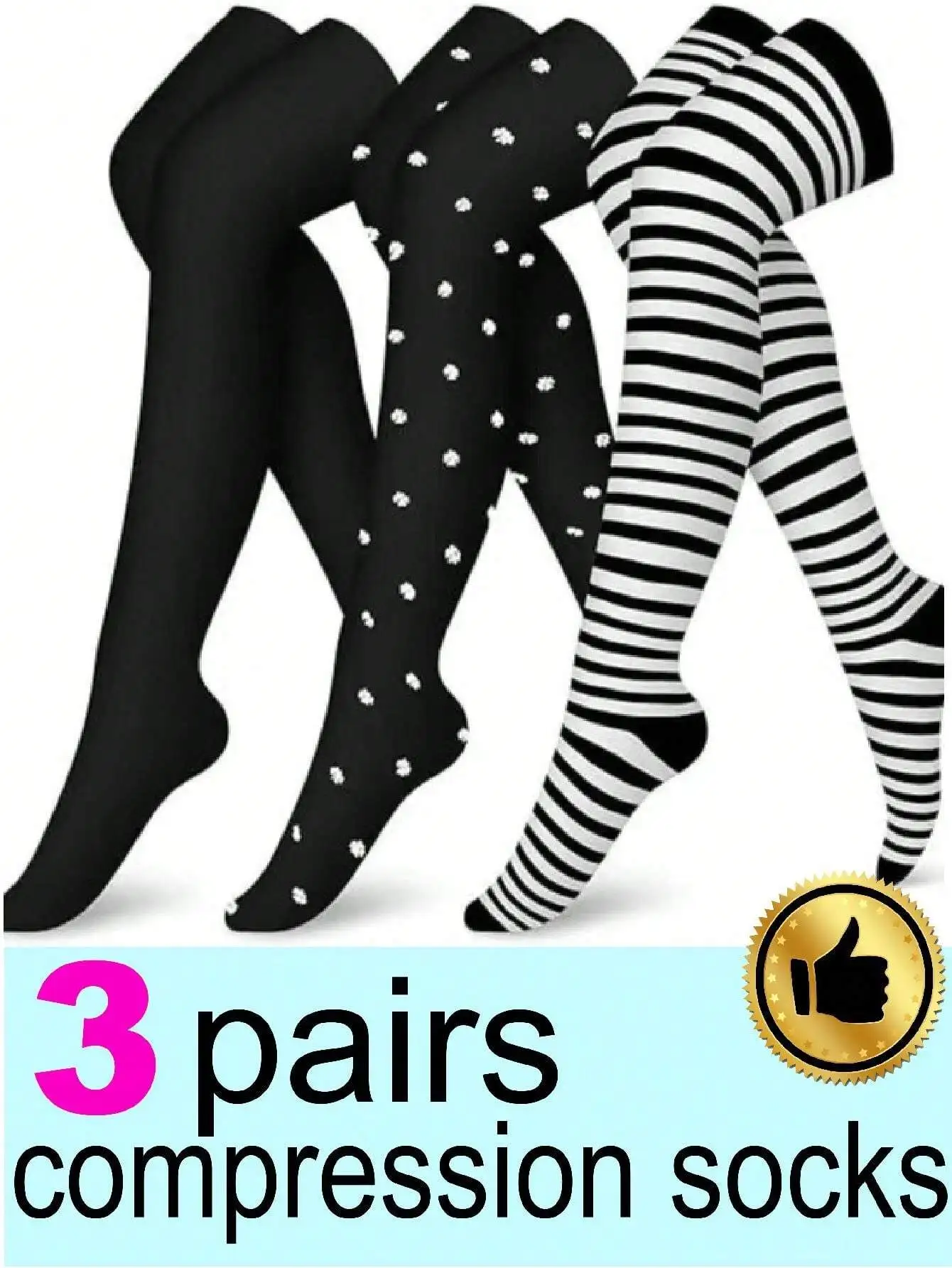 3 Pairs Women's Thigh High Compression Socks - Solid, Polka Dot & Stripe Designs for Running, Cycling & Athletic Use
3 Pairs Women's Thigh High Compression Socks - Solid, Polka Dot & Stripe Designs for Running, Cycling & Athletic Use