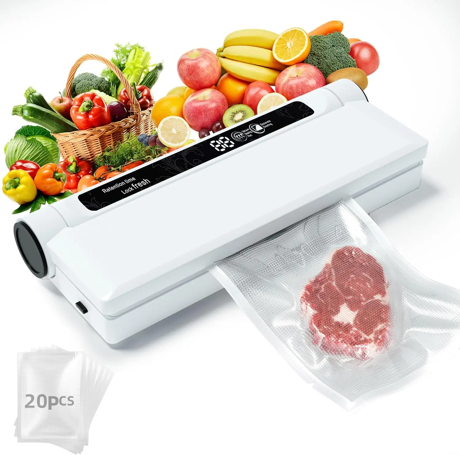 Food Vacuum Sealer Machine, 75KPA Strong Suction, Dry/Wet Modes, 20 Vacuum Seal Bags for Food, Digital Countdown Timer, Compact
Food Vacuum Sealer Machine, 75KPA Strong Suction, Dry/Wet Modes, 20 Vacuum Seal Bags for Food, Digital Countdown Timer, Compact