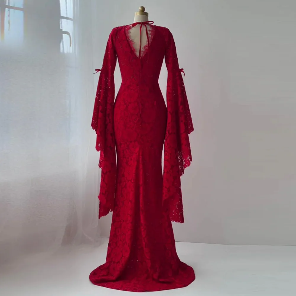 Customized Elegant Formal Evening Dress Pleat Lace Flare Sleeve V-neck Mermaid Long Prom Dresses Grace Party Gown
Customized Elegant Formal Evening Dress Pleat Lace Flare Sleeve V-neck Mermaid Long Prom Dresses Grace Party Gown