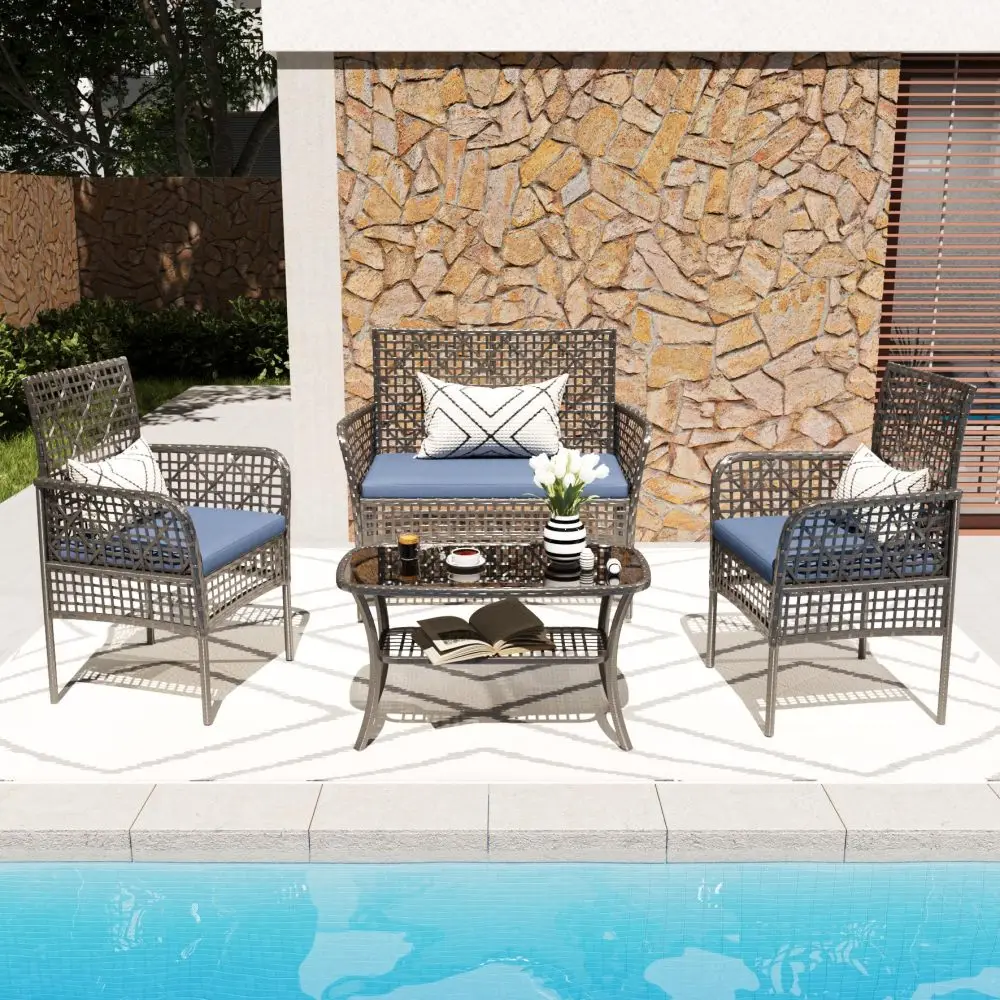 4-Piece Outdoor Patio Set: PE Rattan Chairs, Glass Table & Cushions for Backyard Pool Lawn
4-Piece Outdoor Patio Set: PE Rattan Chairs, Glass Table & Cushions for Backyard Pool Lawn