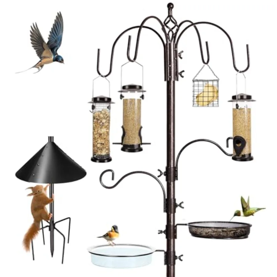 Outdoor bird feeding station kit with galvanized steel pole black finish 6-hook design for multiple feeders includes water bowl
Outdoor bird feeding station kit with galvanized steel pole black finish 6-hook design for multiple feeders includes water bowl