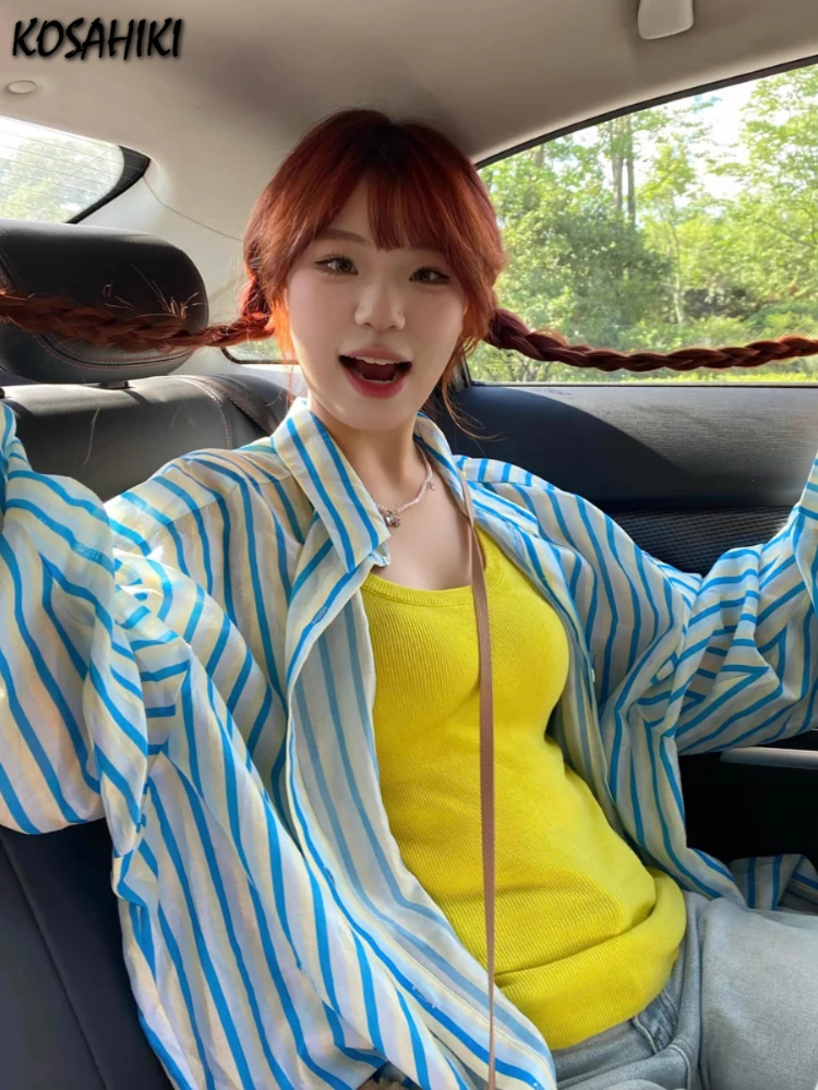 Oversized Casual Vertical Stripe Women Blouse Harajuku Sun Protection Pocket Blusas Single Breasted Grunge Y2k Aesthetic Shirts
Oversized Casual Vertical Stripe Women Blouse Harajuku Sun Protection Pocket Blusas Single Breasted Grunge Y2k Aesthetic Shirts