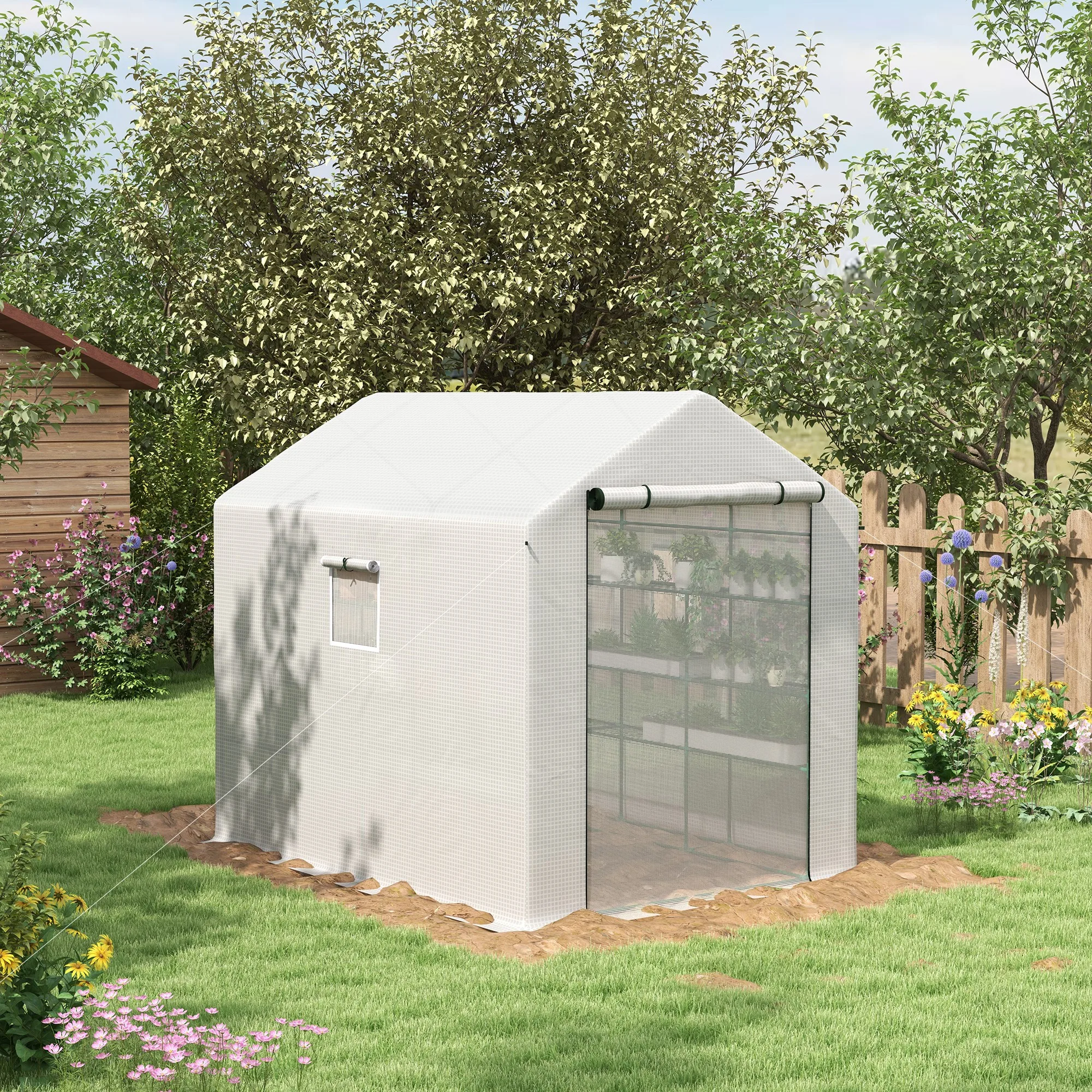 8' x 6' x 7' Portable Walk in Greenhouse with Mesh, Door, Windows, 18 Shelf, Trellis, Plant Labels, White
8' x 6' x 7' Portable Walk in Greenhouse with Mesh, Door, Windows, 18 Shelf, Trellis, Plant Labels, White
