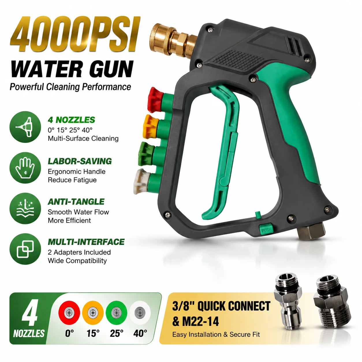 High Pressure Washer Gun with 4 Color Nozzles, M22 14mm & 3/8" Quick Connect Adapters, Non-Slip Handle
High Pressure Washer Gun with 4 Color Nozzles, M22 14mm & 3/8" Quick Connect Adapters, Non-Slip Handle