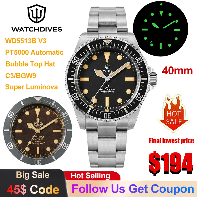 Watchdives WD5513B V3 Men's Watch PT5000 Automatic Mechanical Movement Top Hat Bubble Sapphire Crystal Super Lume Luxury Watches
Watchdives WD5513B V3 Men's Watch PT5000 Automatic Mechanical Movement Top Hat Bubble Sapphire Crystal Super Lume Luxury Watches