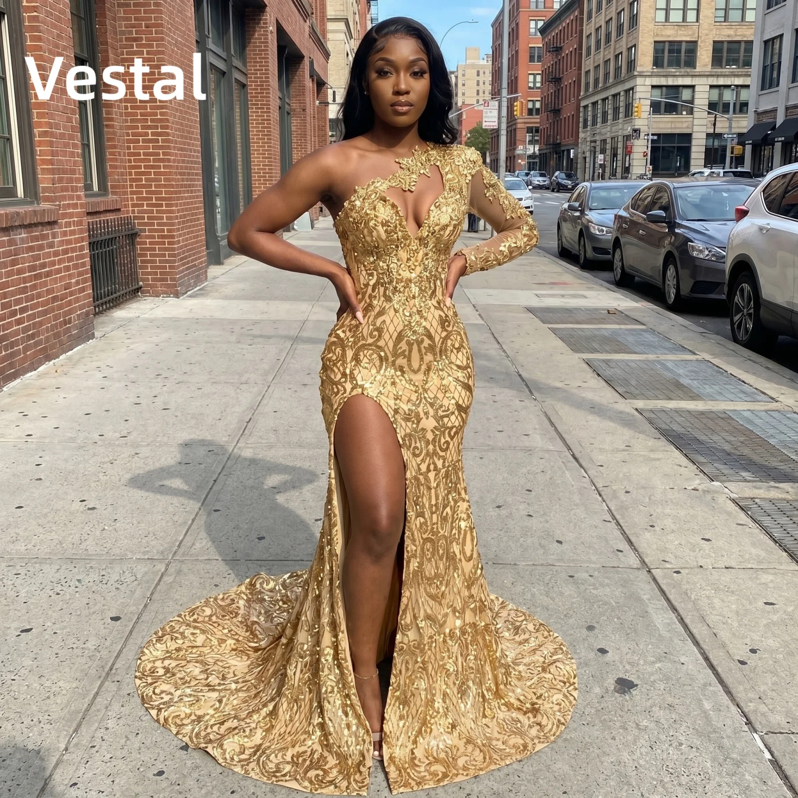 Gold Sequined Lace One Shoulder Long Sleeve Crystal Mermaid Prom Dress Slit Evening Gown for Black Girls Customized
Gold Sequined Lace One Shoulder Long Sleeve Crystal Mermaid Prom Dress Slit Evening Gown for Black Girls Customized
