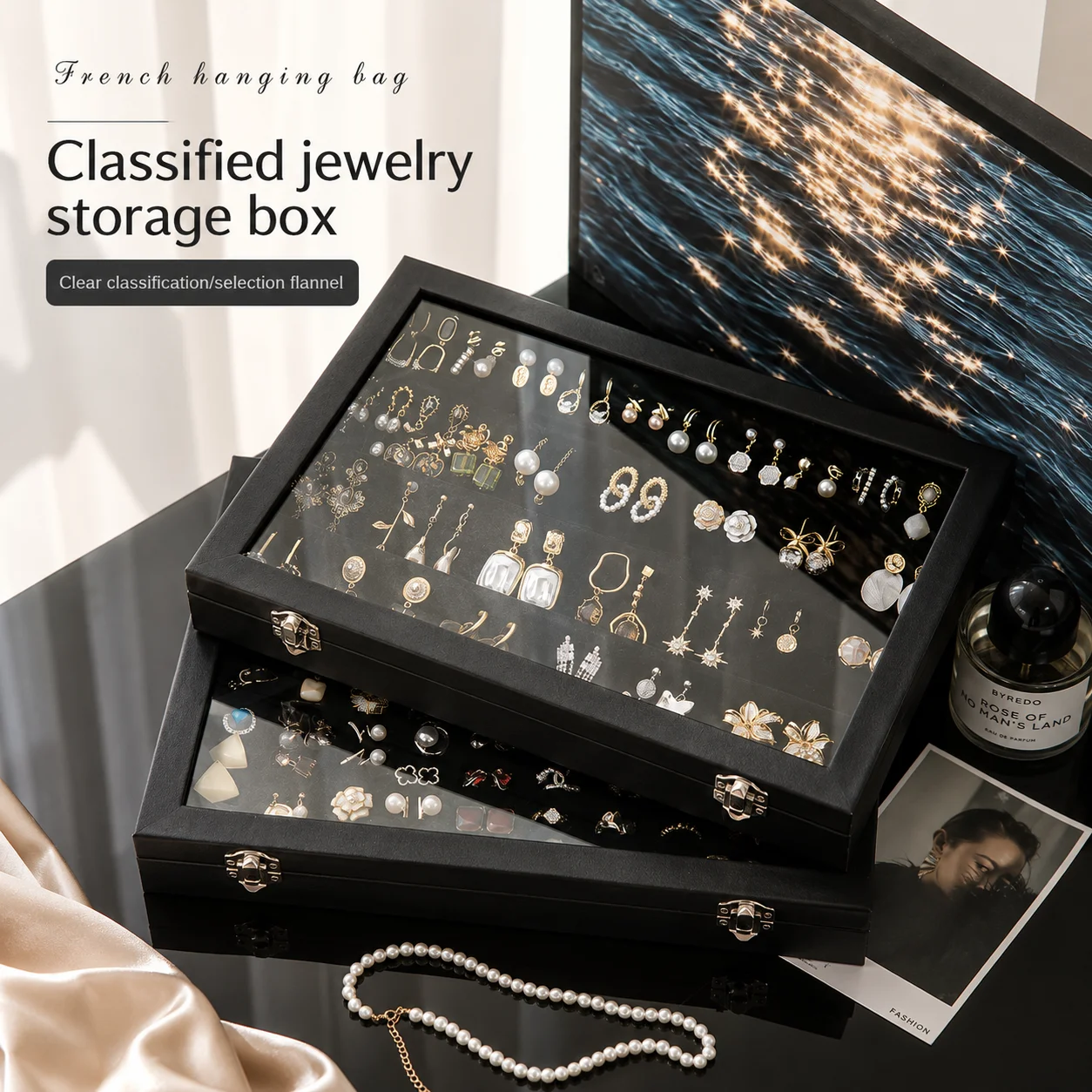 Stylish Black Jewelry Storage Box for Earrings, Necklaces, Rings, Bracelets and Other Accessories with Transparent Glass Cover
Stylish Black Jewelry Storage Box for Earrings, Necklaces, Rings, Bracelets and Other Accessories with Transparent Glass Cover