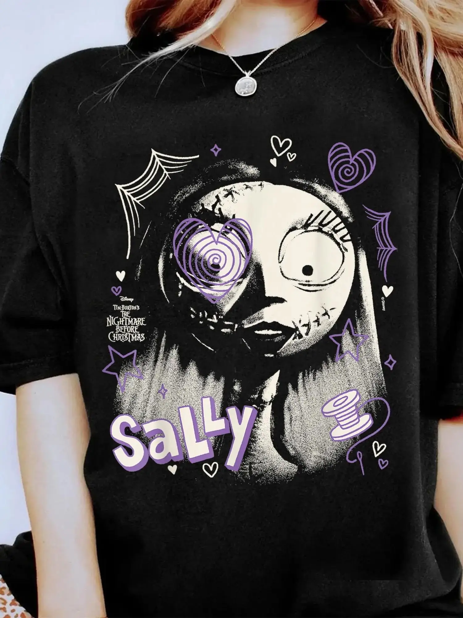 Women's Nightmare Before Christmas Sally Face Graphic Tee - Tim 's Jack and Sally Movie Black Shirt with Purple Accents
Women's Nightmare Before Christmas Sally Face Graphic Tee - Tim 's Jack and Sally Movie Black Shirt with Purple Accents