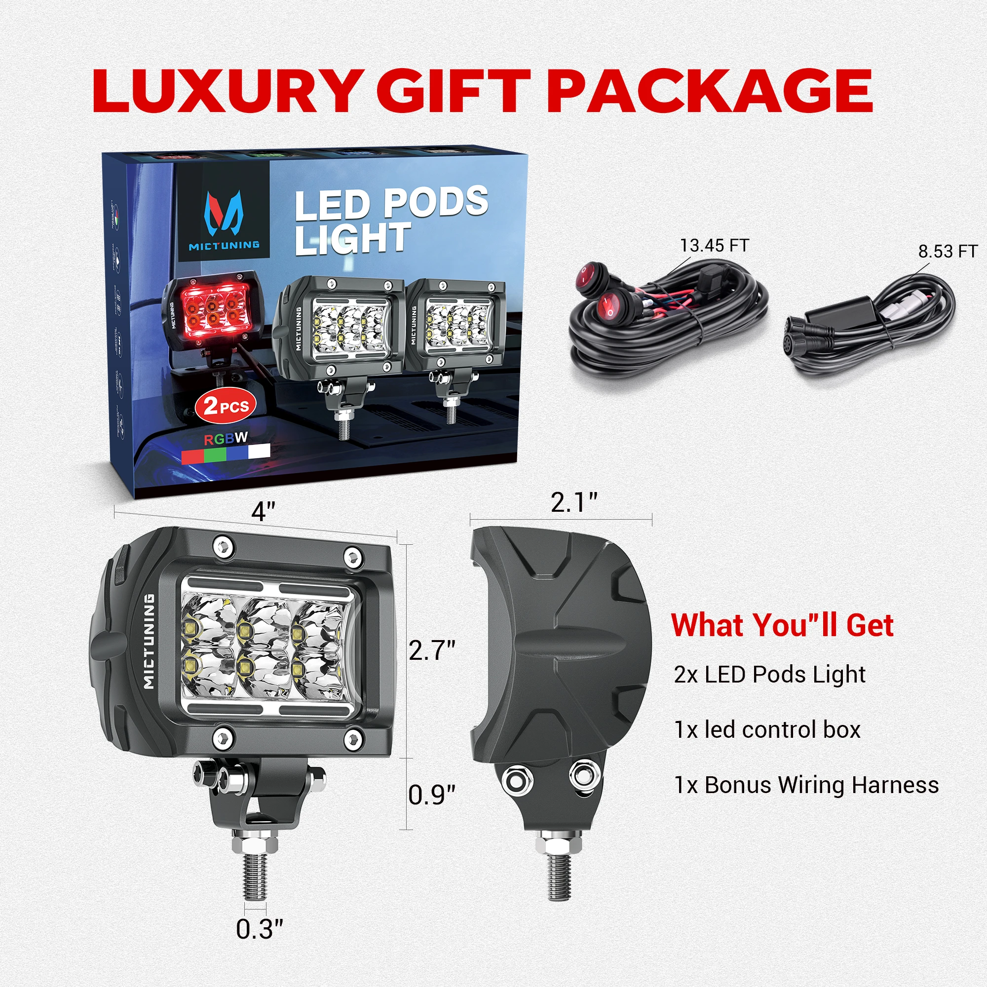 MICTUNING 2PCS K1 RGBW LED Pods Light Atmosphere Light - 4 Inch 18W Off Road Combo Driving Lights with APP Control Box for Truck
MICTUNING 2PCS K1 RGBW LED Pods Light Atmosphere Light - 4 Inch 18W Off Road Combo Driving Lights with APP Control Box for Truck