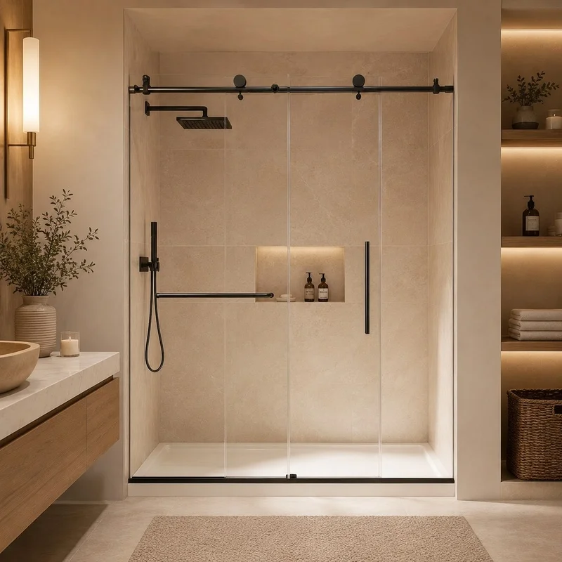 Frameless Sliding Shower Door, 56-60" W x 76" H, 6mm Clear Tempered Glass with Safety Film and Nano Coating, Stainless Steel Round Rail, Matte Black Finish
Frameless Sliding Shower Door, 56-60" W x 76" H, 6mm Clear Tempered Glass with Safety Film and Nano Coating, Stainless Steel Round Rail, Matte Black Finish