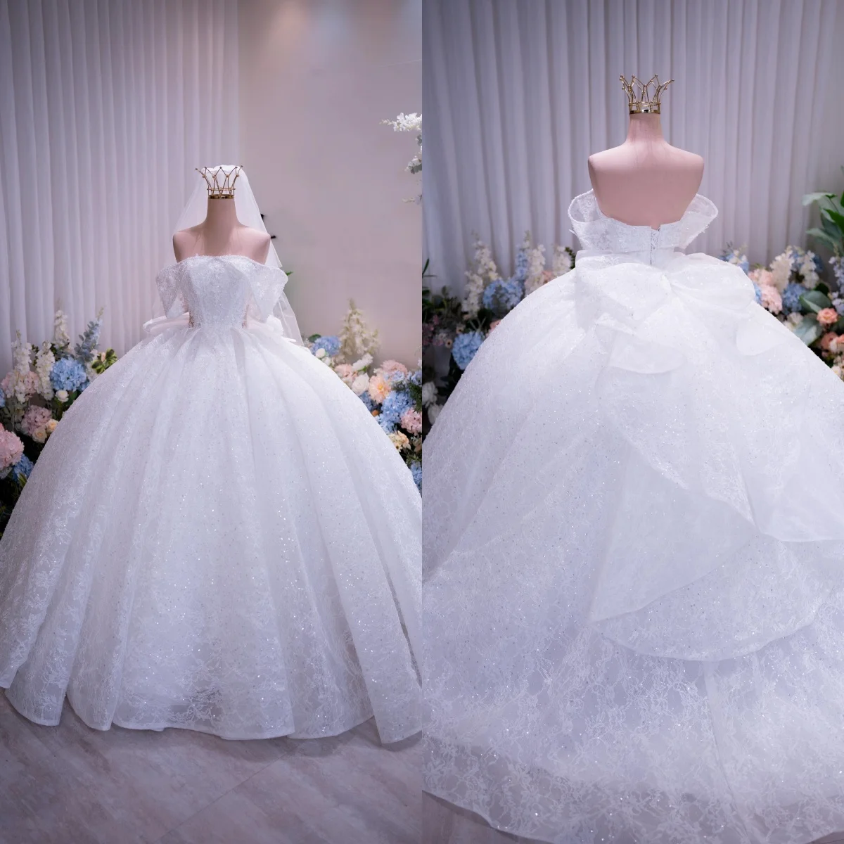Custom Luxury Off Shoulder Big Bow Beaded Lace Ball Gown Wedding Dress Cathedral Train Bridal Gown Plus Size Vestido De Novia
Custom Luxury Off Shoulder Big Bow Beaded Lace Ball Gown Wedding Dress Cathedral Train Bridal Gown Plus Size Vestido De Novia