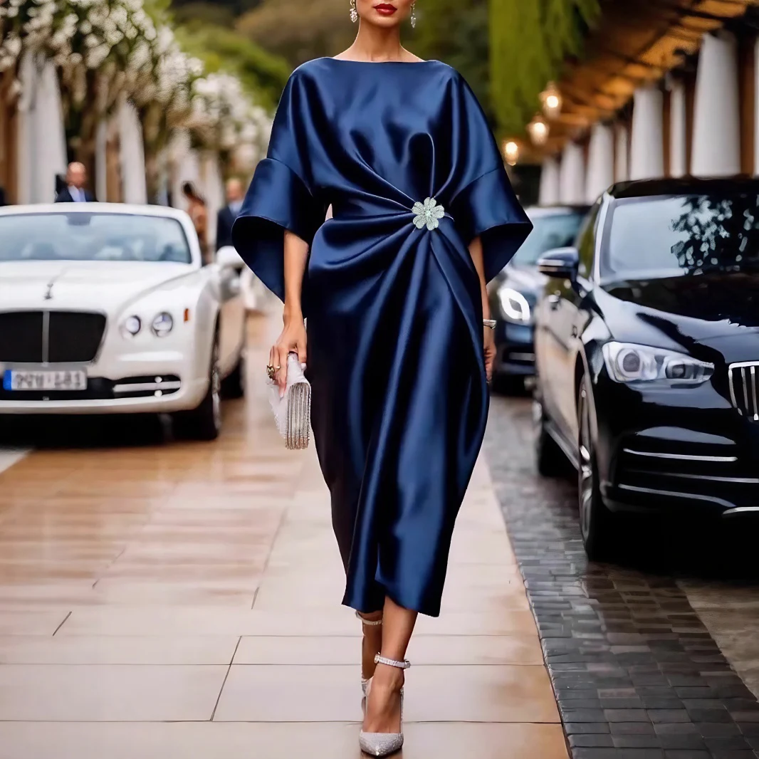 Women Elegant Wedding Guest Dress Champagne Elegant Round Neck Flare 3/4 Sleeve Sequin Knot Cocktail Party Satin Midi Dresses
Women Elegant Wedding Guest Dress Champagne Elegant Round Neck Flare 3/4 Sleeve Sequin Knot Cocktail Party Satin Midi Dresses