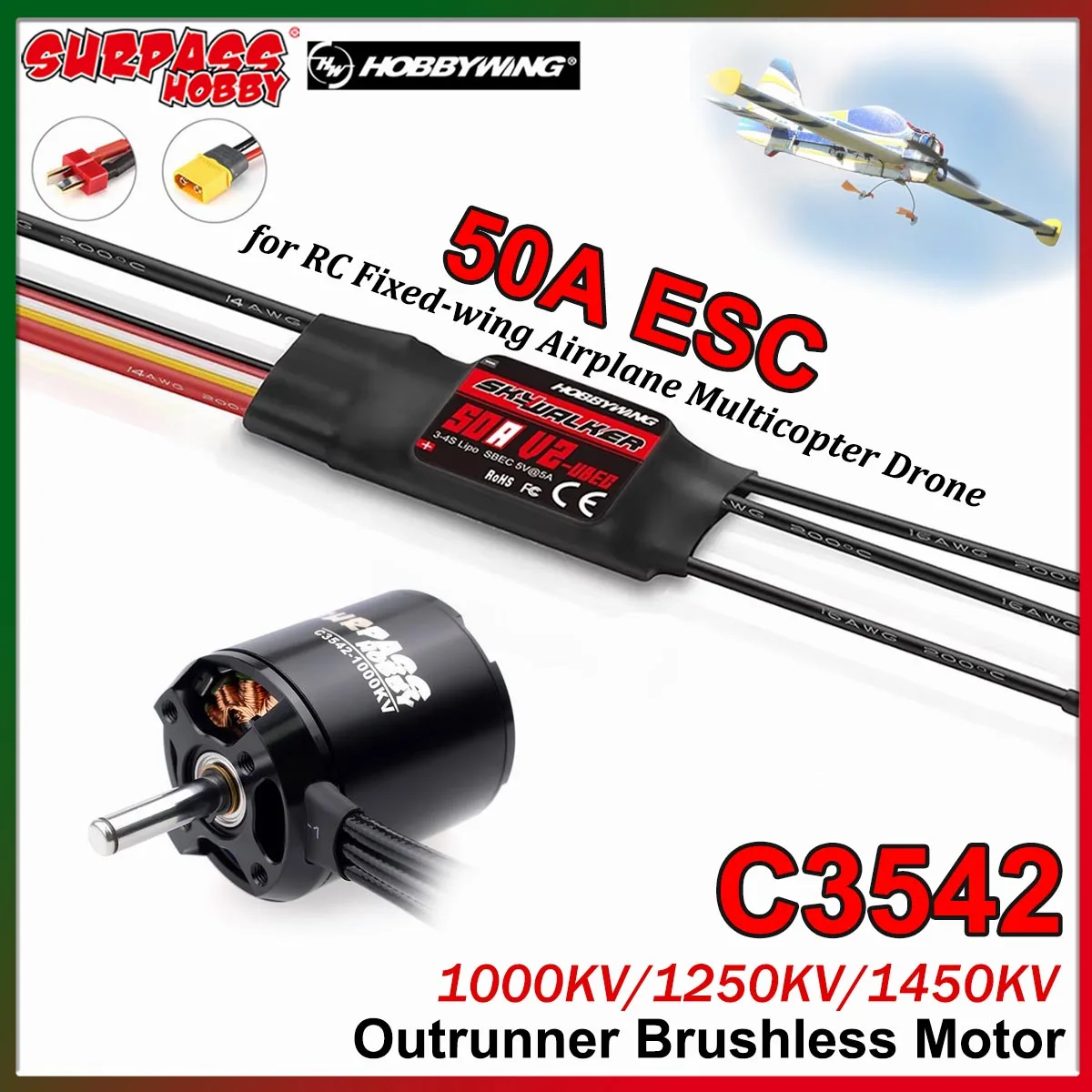 Surpass Hobby C3542 3542 1000/1250/1450KV Brushless Motor Skywalker 50A ESC for RC Fixed-wing Airplane Aircraft Glider Model Toy
Surpass Hobby C3542 3542 1000/1250/1450KV Brushless Motor Skywalker 50A ESC for RC Fixed-wing Airplane Aircraft Glider Model Toy