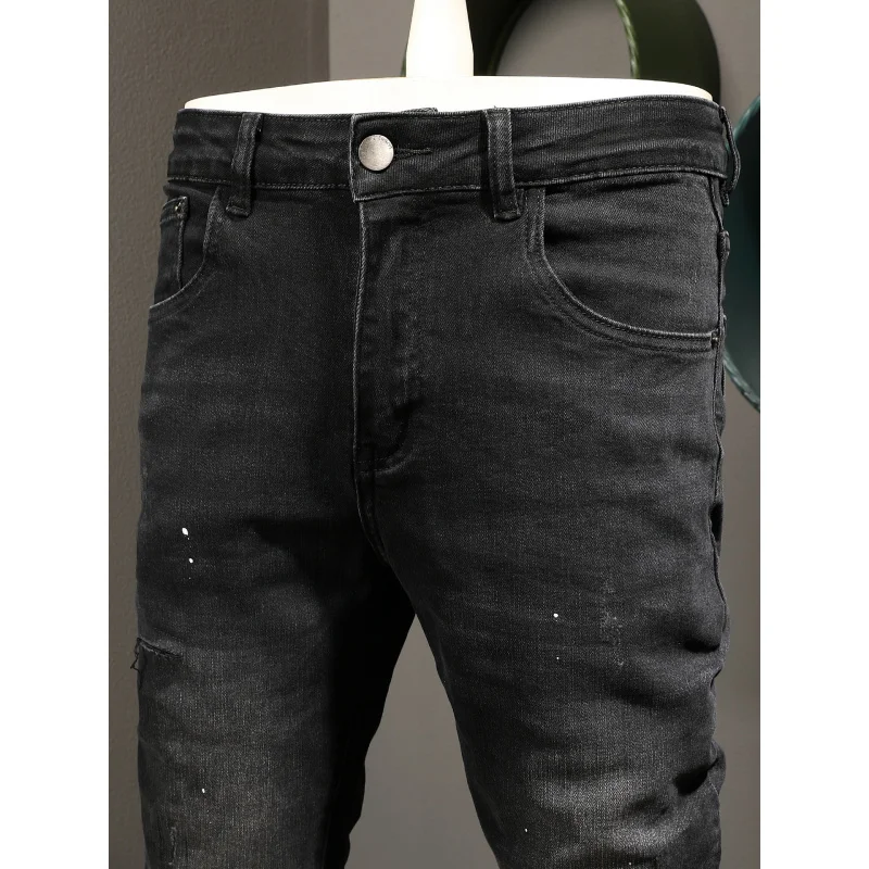 High end black jeans for men, trendy brand, fashionable street ruff, handsome, ripped hole patch, elastic slim fit, short leg pa
High end black jeans for men, trendy brand, fashionable street ruff, handsome, ripped hole patch, elastic slim fit, short leg pa