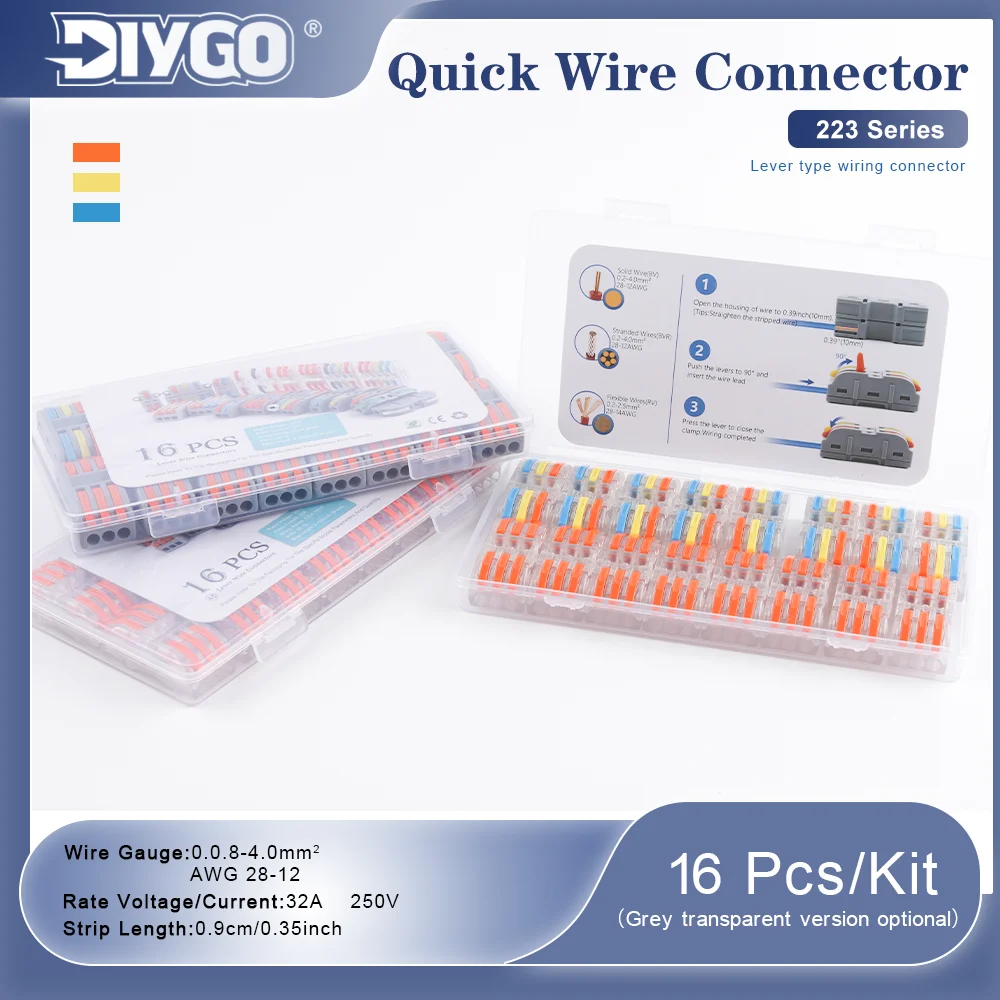 16Pcs/Kit Boxed 223 Series Lever Type Quick Wire Connectors Push-in Terminal Block for Electrical Wiring 0.08-4mm² 32A 250V
16Pcs/Kit Boxed 223 Series Lever Type Quick Wire Connectors Push-in Terminal Block for Electrical Wiring 0.08-4mm² 32A 250V