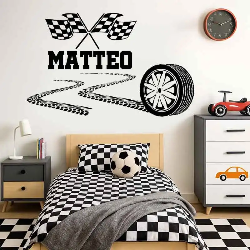 Custom Name Racing Car Tire Checkered Flags Wall Decal Wheel Decal Personalized Racing Car Flag Vinyl Wall Sticker Boy RoomQ177
Custom Name Racing Car Tire Checkered Flags Wall Decal Wheel Decal Personalized Racing Car Flag Vinyl Wall Sticker Boy RoomQ177